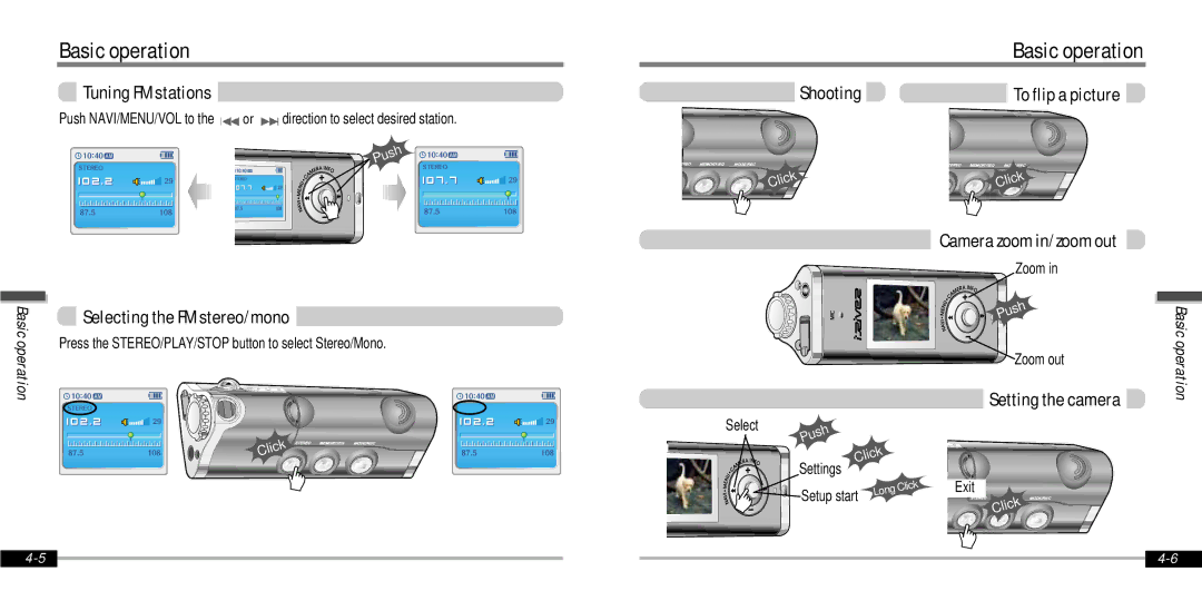 IRiver IFP-1000 Selecting the FM stereo/mono, To flip a picture, Camera zoom in/zoom out, Setting the camera 