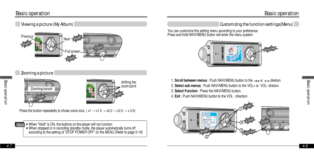 IRiver IFP-1000 Viewing a picture My Album, Zooming a picture, Customizing the function settingsMenu, Zooming/cancel 