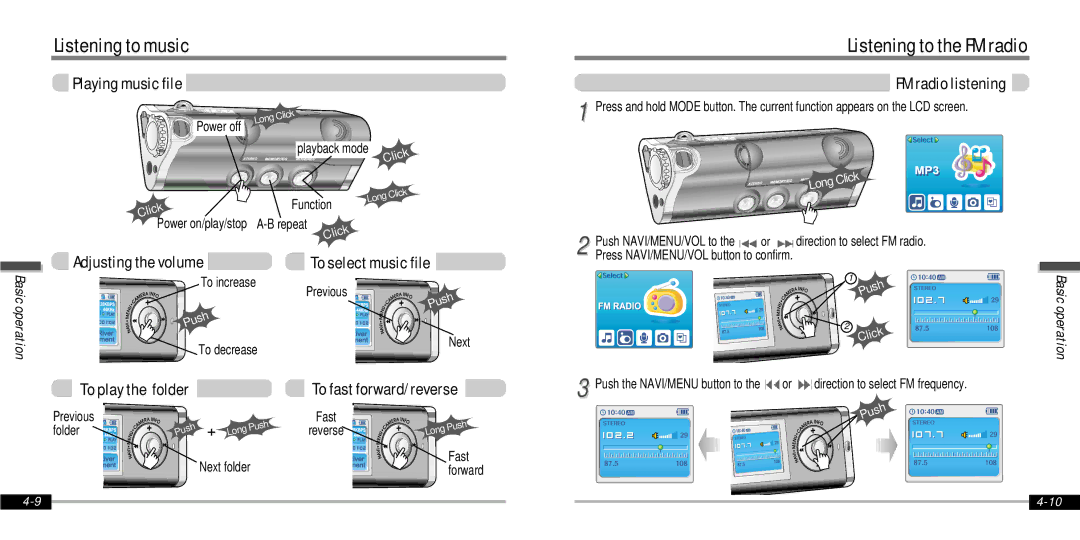 IRiver IFP-1000 instruction manual Listening to music, Listening to the FM radio, Playing music file, FM radio listening 