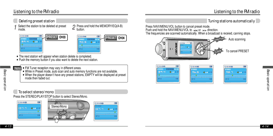 IRiver IFP-1000 instruction manual Deleting preset station, Tuning stations automatically, To select stereo/mono 