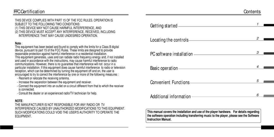 IRiver IFP-1000 instruction manual FFC Certification, Contents 