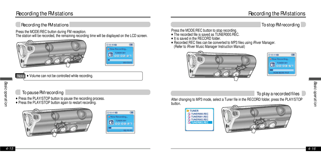 IRiver IFP-1000 Recording the FM stations, To pause FM recording, To stop FM recording, To play a recorded files 