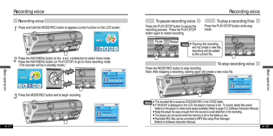 IRiver IFP-1000 instruction manual Recording voice, To stop recording voice 