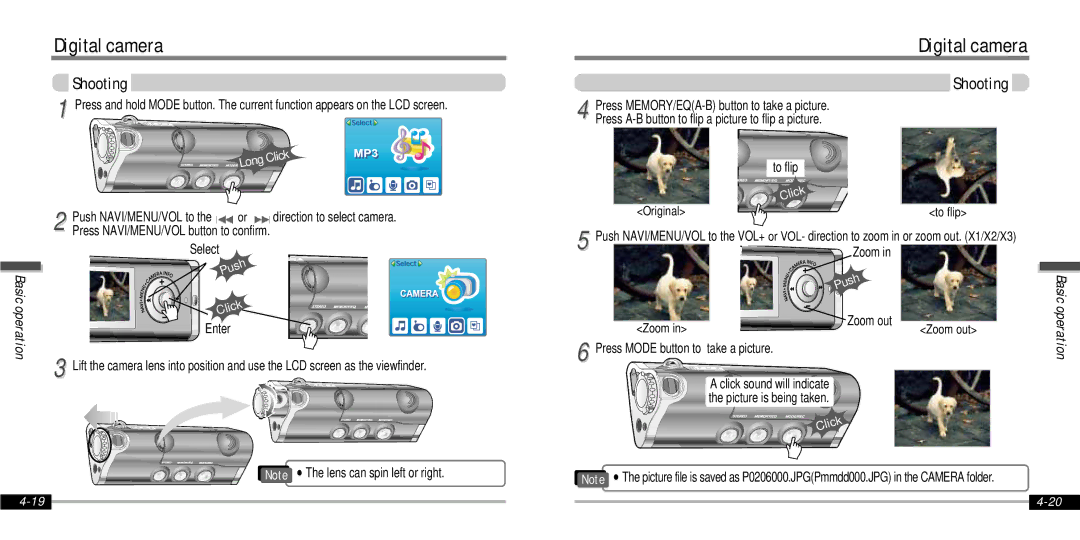 IRiver IFP-1000 instruction manual Digital camera, Shooting, Select, To flip, Press Mode button to take a picture 