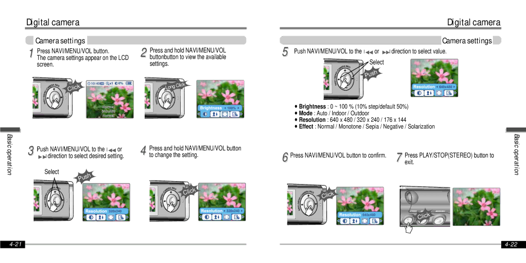 IRiver IFP-1000 instruction manual Camera settings, Press and hold NAVI/MENU/VOL button, To change the setting 