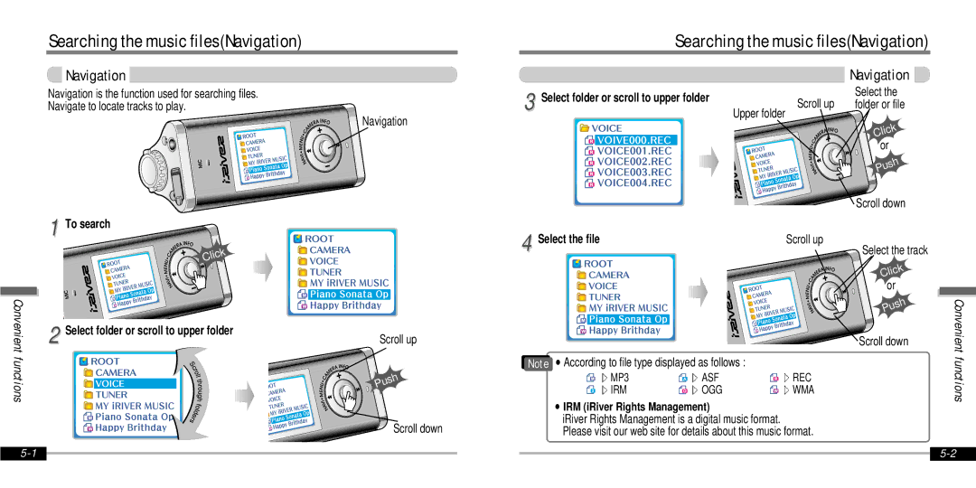 IRiver IFP-1000 Searching the music filesNavigation, To search, Select folder or scroll to upper folder, Select the file 