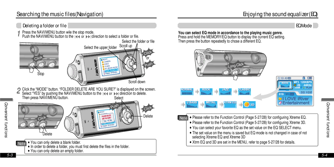 IRiver IFP-1000 instruction manual Enjoying the sound equalizerEQ, Then press NAVI/MENU button Select 