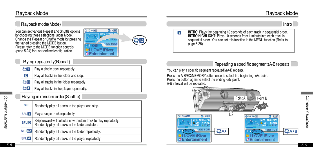 IRiver IFP-1000 Playback Mode, Playback modeMode, Plying repeatedlyRepeat, Playing in random orderShuffle, Intro 