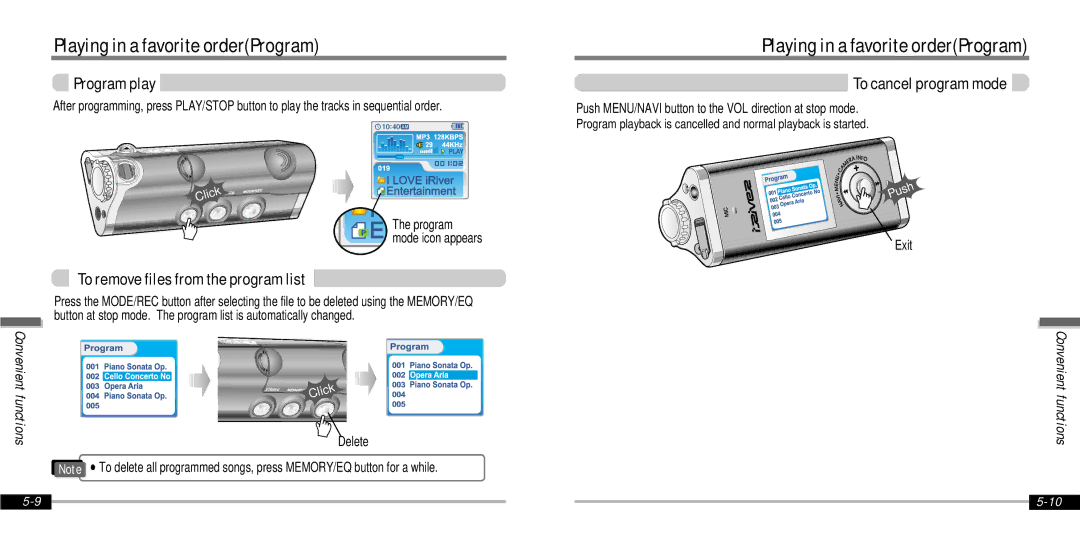 IRiver IFP-1000 instruction manual Program play, To remove files from the program list, To cancel program mode 