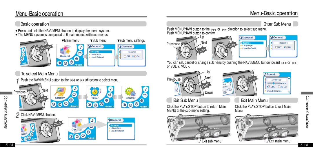 IRiver IFP-1000 instruction manual Menu-Basic operation, To select Main Menu, Enter Sub Menu, Exit Main Menu 