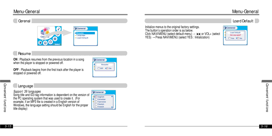 IRiver IFP-1000 instruction manual Menu-General, Gerenal Resume, Language, Loard Default 