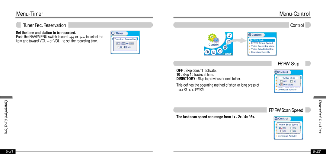 IRiver IFP-1000 instruction manual Menu-Control, Tuner Rec. Reservation, Control FF/RW Skip, FF/RW Scan Speed 