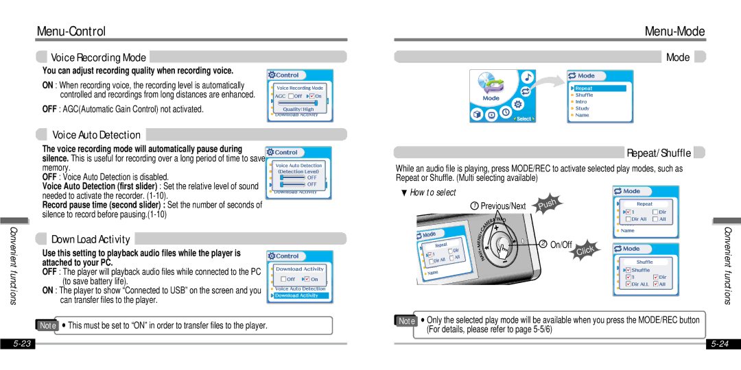 IRiver IFP-1000 Menu-Mode, Voice Recording Mode, Voice Auto Detection, Mode Repeat/Shuffle, Down Load Activity 