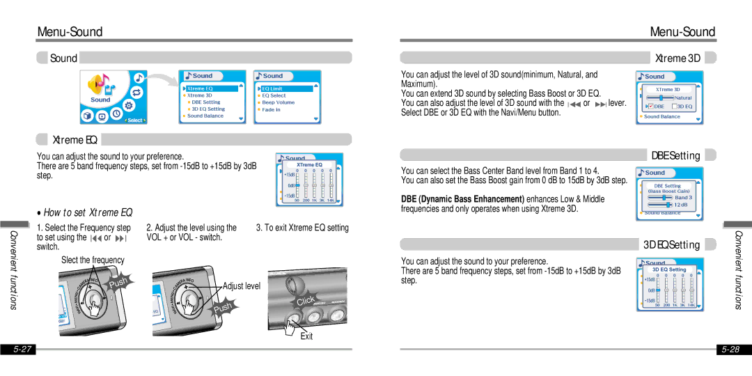 IRiver IFP-1000 instruction manual Menu-Sound, Sound Xtreme EQ, Xtreme 3D, DBE Setting, 3D EQ Setting 