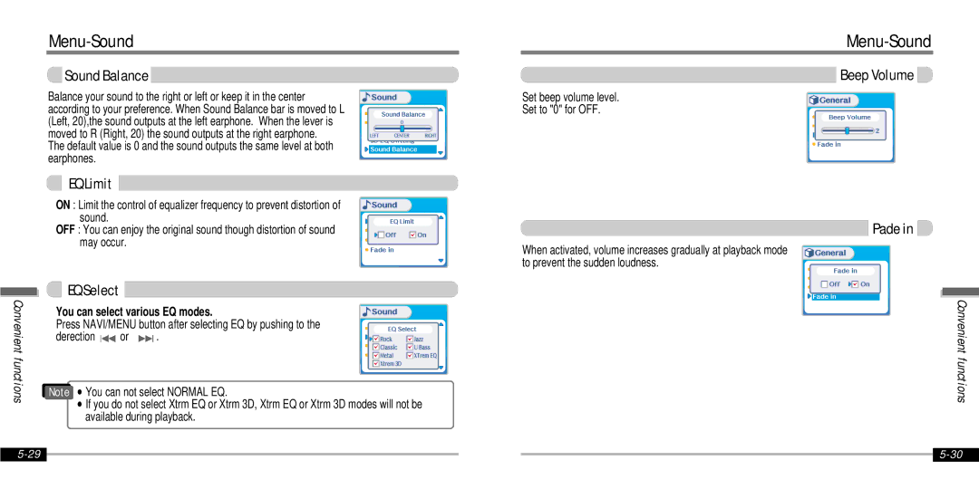 IRiver IFP-1000 instruction manual Sound Balance, EQ Limit, EQ Select, Beep Volume, Pade 