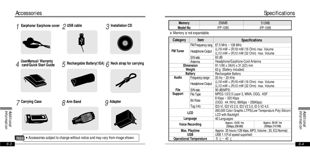 IRiver IFP-1000 Accessories, Specifications, Earphone/ Earphone cover 2 USB cable, Carrying Case Arm Band 