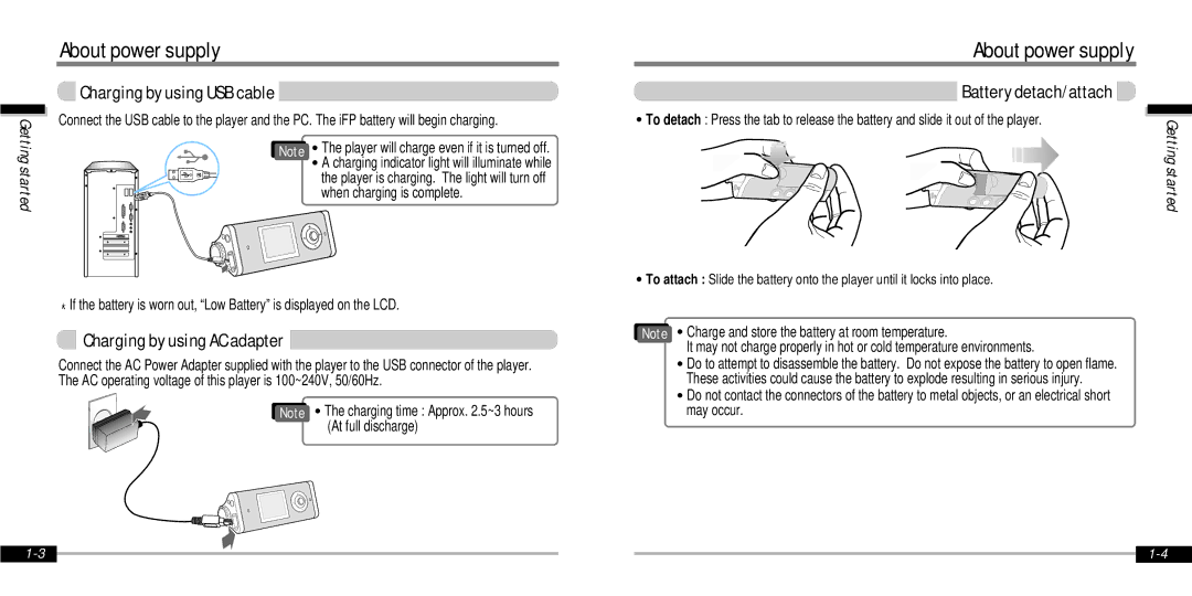 IRiver IFP-1000 About power supply, Charging by using USB cable, Charging by using AC adapter, Battery detach/attach 