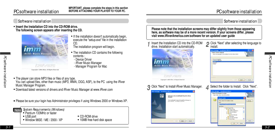 IRiver IFP-1000 instruction manual Software installation, Install 