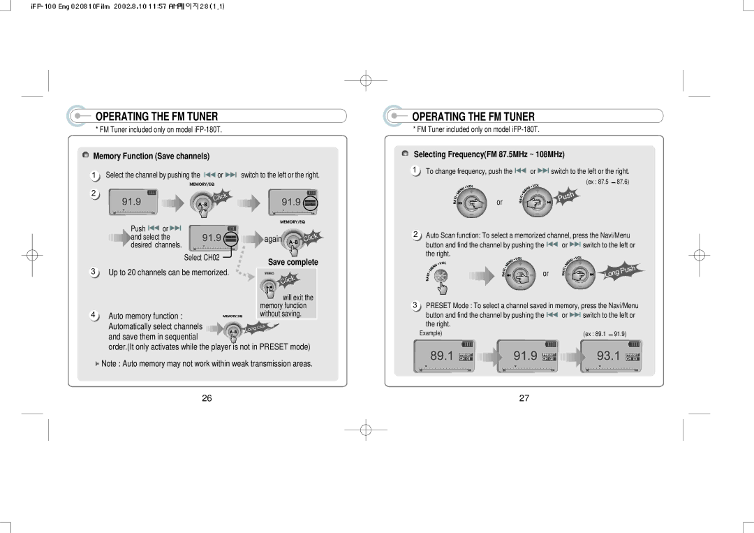 IRiver iFP-140, iFP-120 instruction manual Memory Function Save channels, Selecting FrequencyFM 87.5MHz ~ 108MHz 