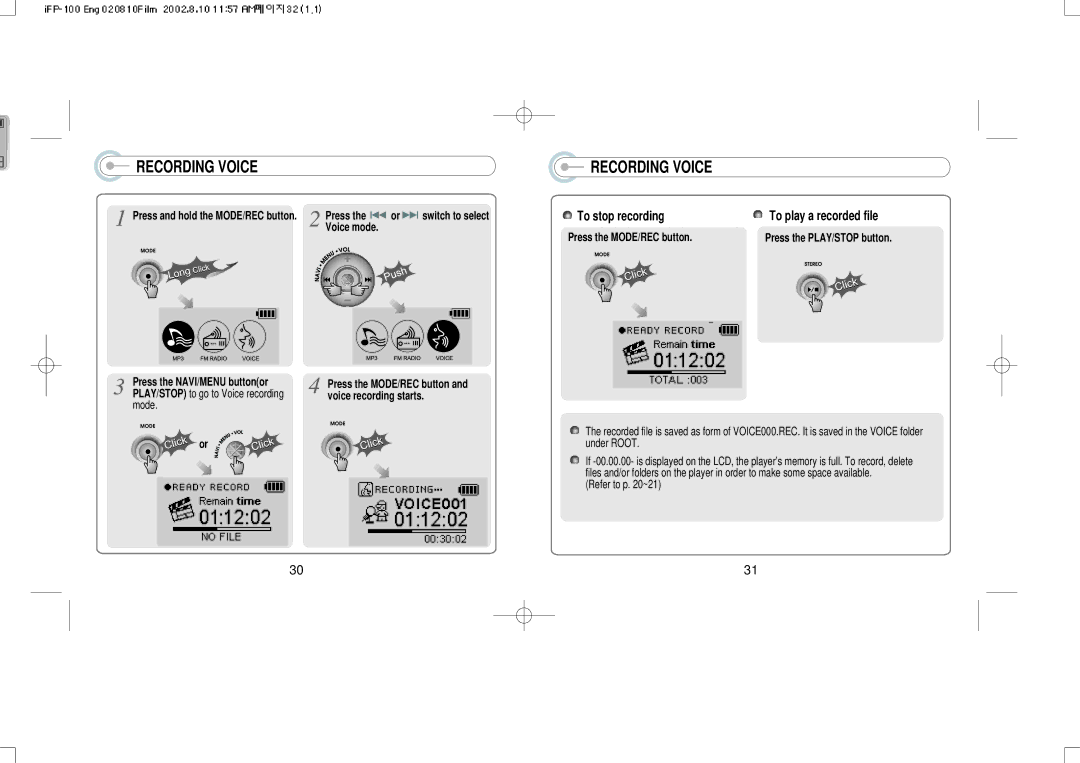 IRiver iFP-140, iFP-120 instruction manual Recording Voice, To stop recording To play a recorded file 