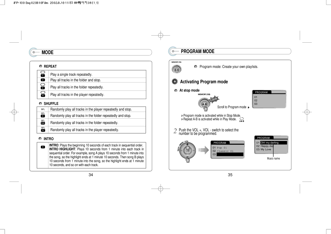 IRiver iFP-140, iFP-120 instruction manual Program Mode, Activating Program mode, At stop mode 