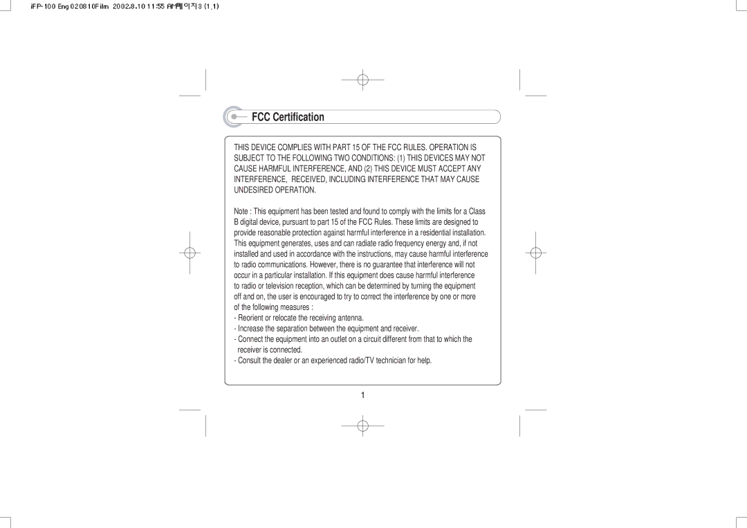 IRiver iFP-120, iFP-140 instruction manual FCC Certification 