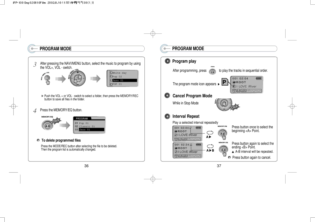 IRiver iFP-120, iFP-140 instruction manual Program play, Cancel Program Mode, Interval Repeat, To delete programmed files 