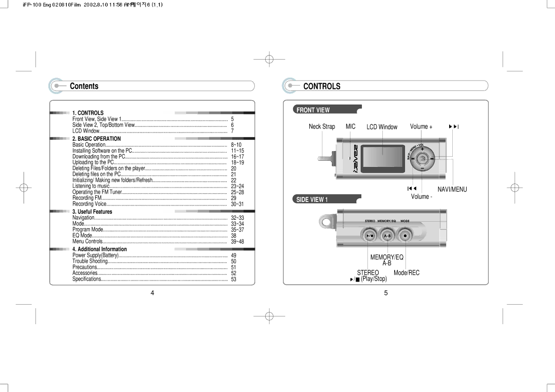 IRiver iFP-120, iFP-140 instruction manual Contents, Controls 