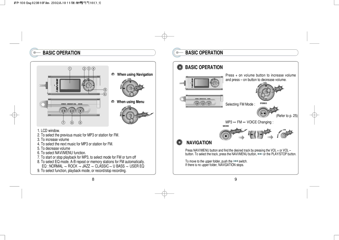 IRiver iFP-120, iFP-140 instruction manual Basic Operation, When using Navigation When using Menu 