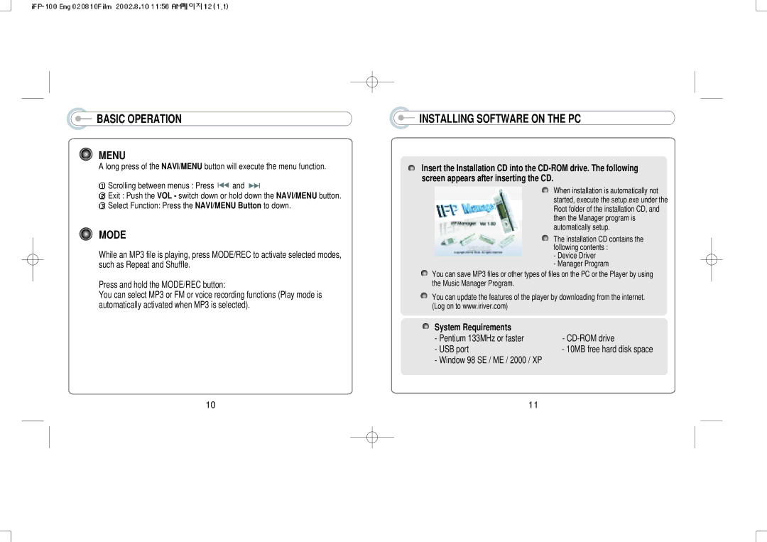 IRiver iFP-140, iFP-120 instruction manual Basic Operation Menu, Mode, Installing Software on the PC, System Requirements 