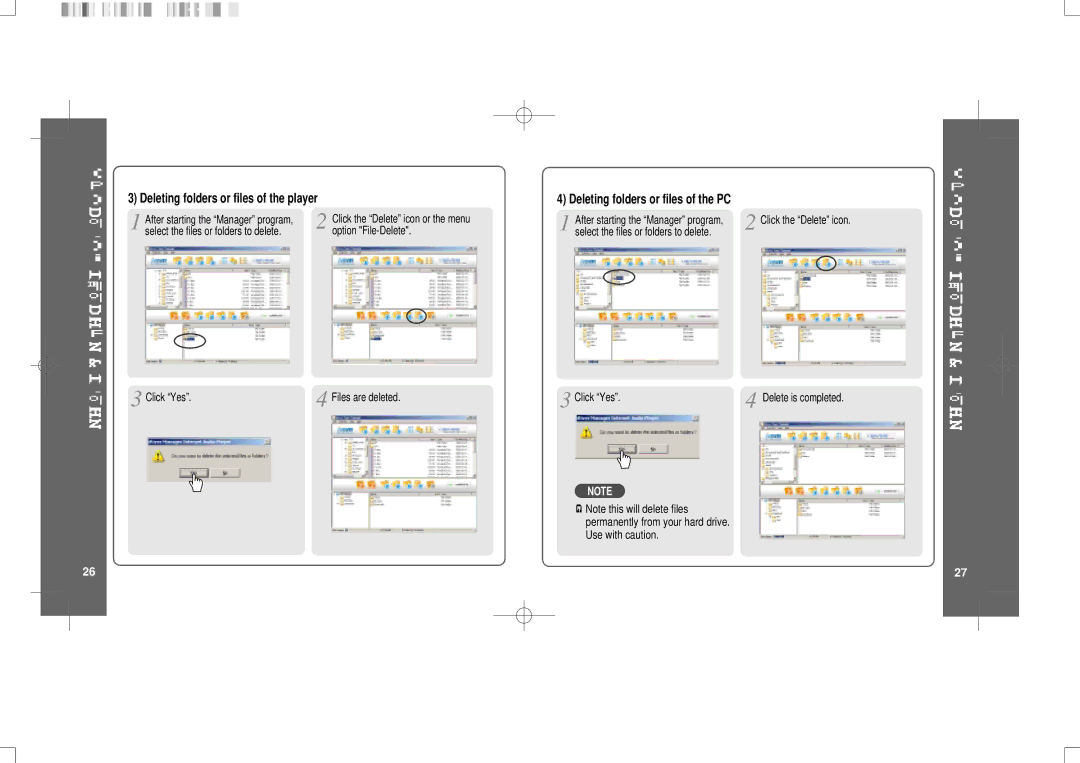 IRiver iFP-300 Series instruction manual Deleting folders or files of the player, Deleting folders or files of the PC 
