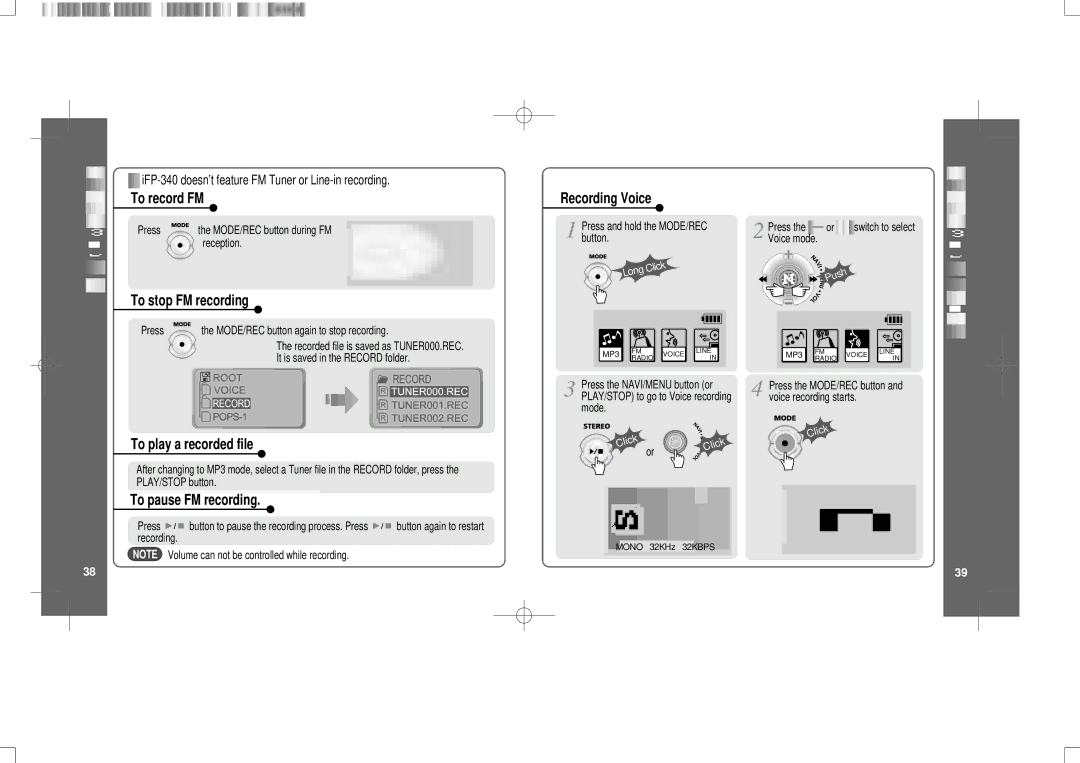 IRiver iFP-300 Series To record FM, To stop FM recording, To play a recorded file, To pause FM recording, Recording Voice 