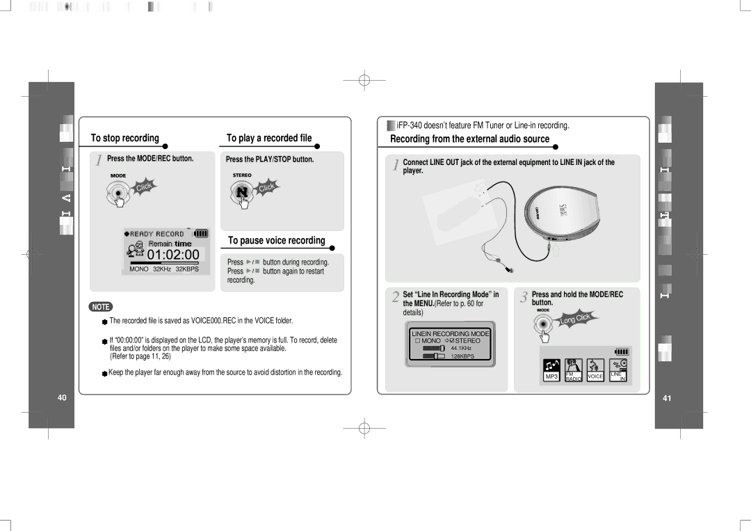 IRiver iFP-300 Series To stop recording, Recording from the external audio source, To pause voice recording 