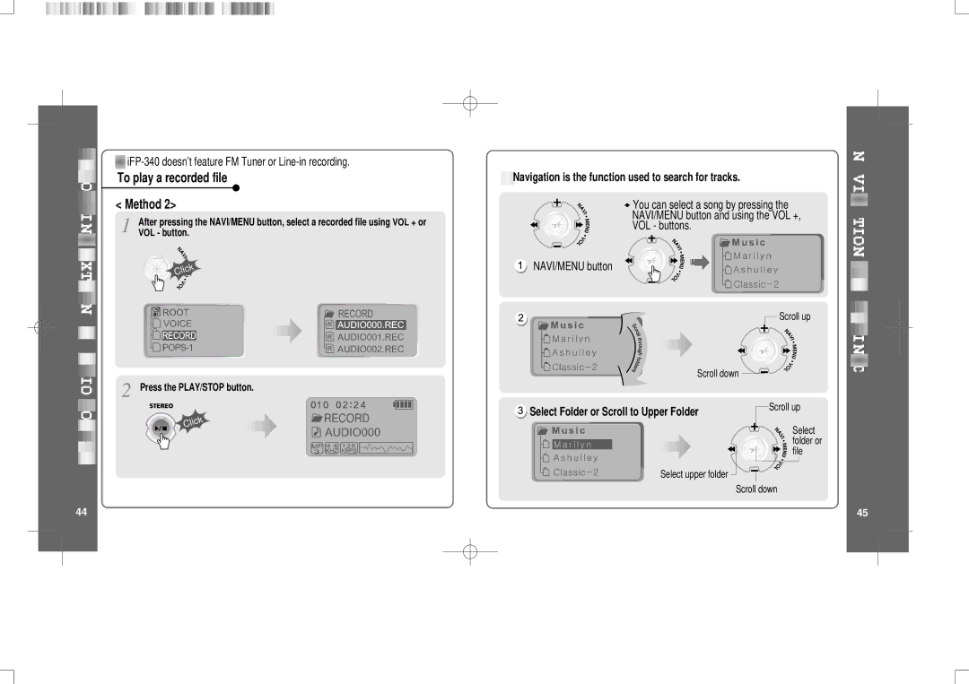 IRiver iFP-300 Series instruction manual VOL buttons, NAVI/MENU button, VOL + or 