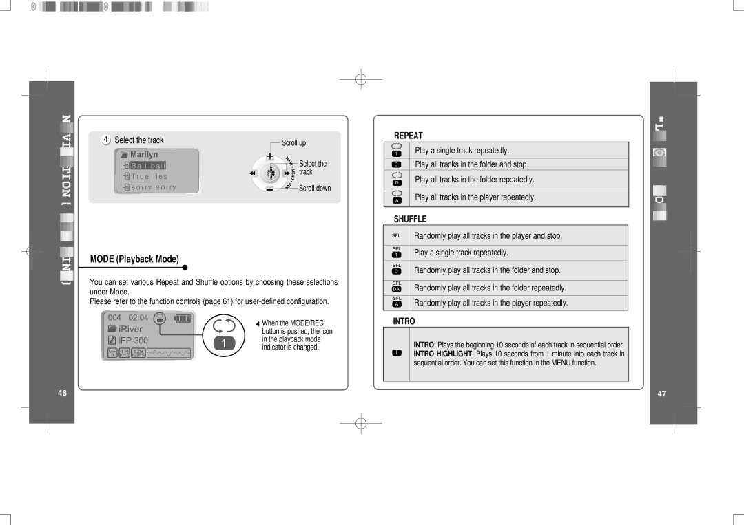 IRiver iFP-300 Series instruction manual Mode Playback Mode, Select the track, Scroll up 