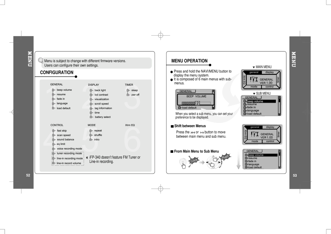 IRiver iFP-300 Series instruction manual Configuration, Menu Operation, From Main Menu to Sub Menu 