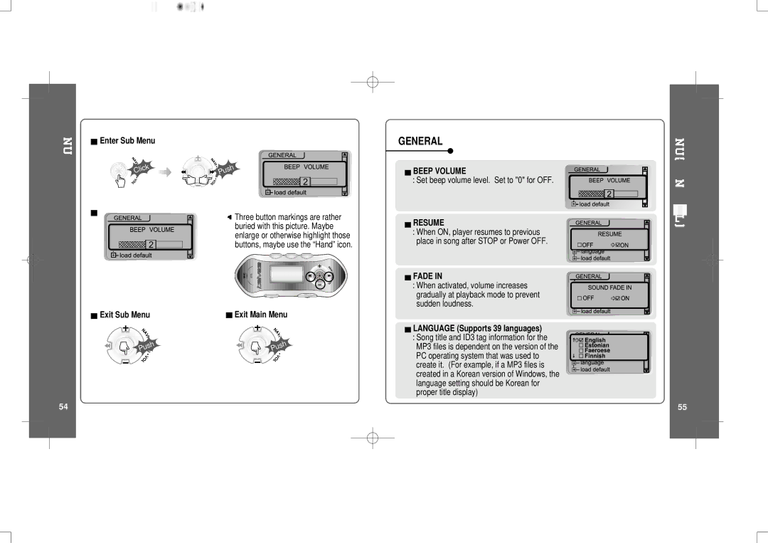 IRiver iFP-300 Series instruction manual General, Enter Sub Menu, Set beep volume level. Set to 0 for OFF 