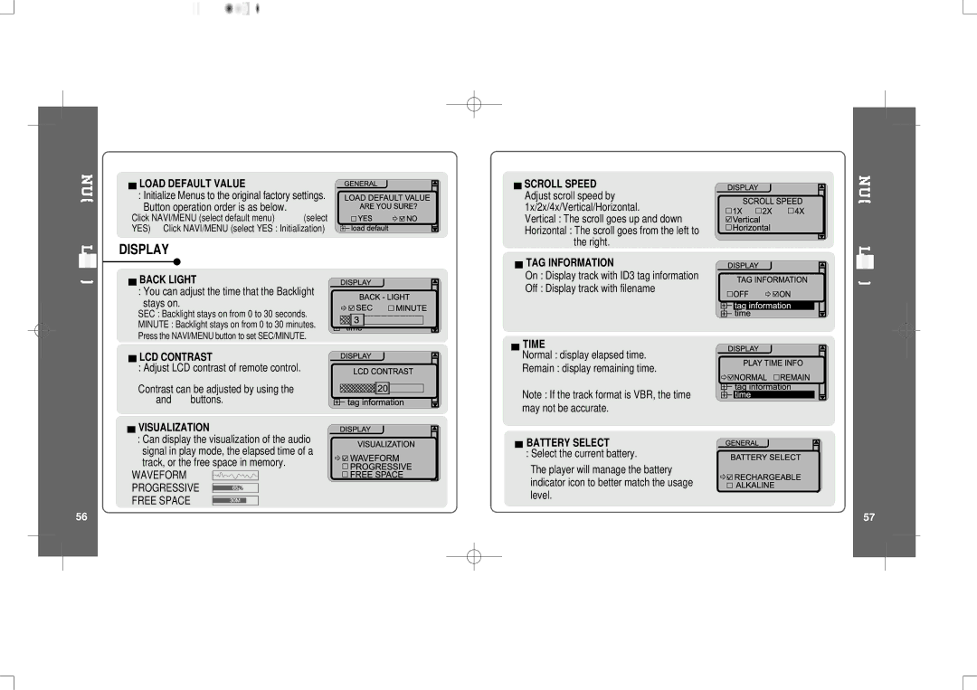 IRiver iFP-300 Series Display, You can adjust the time that the Backlight stays on, Track, or the free space in memory 