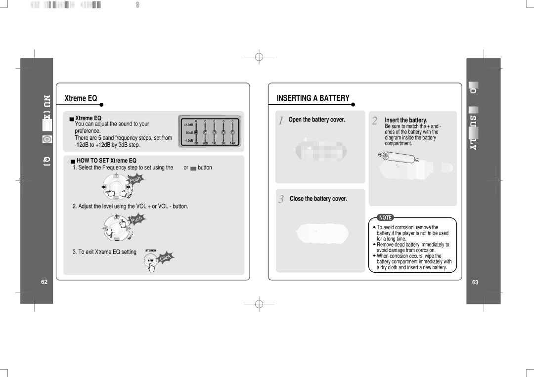 IRiver iFP-300 Series Inserting a Battery, Select the Frequency step to set using, To exit Xtreme EQ setting 