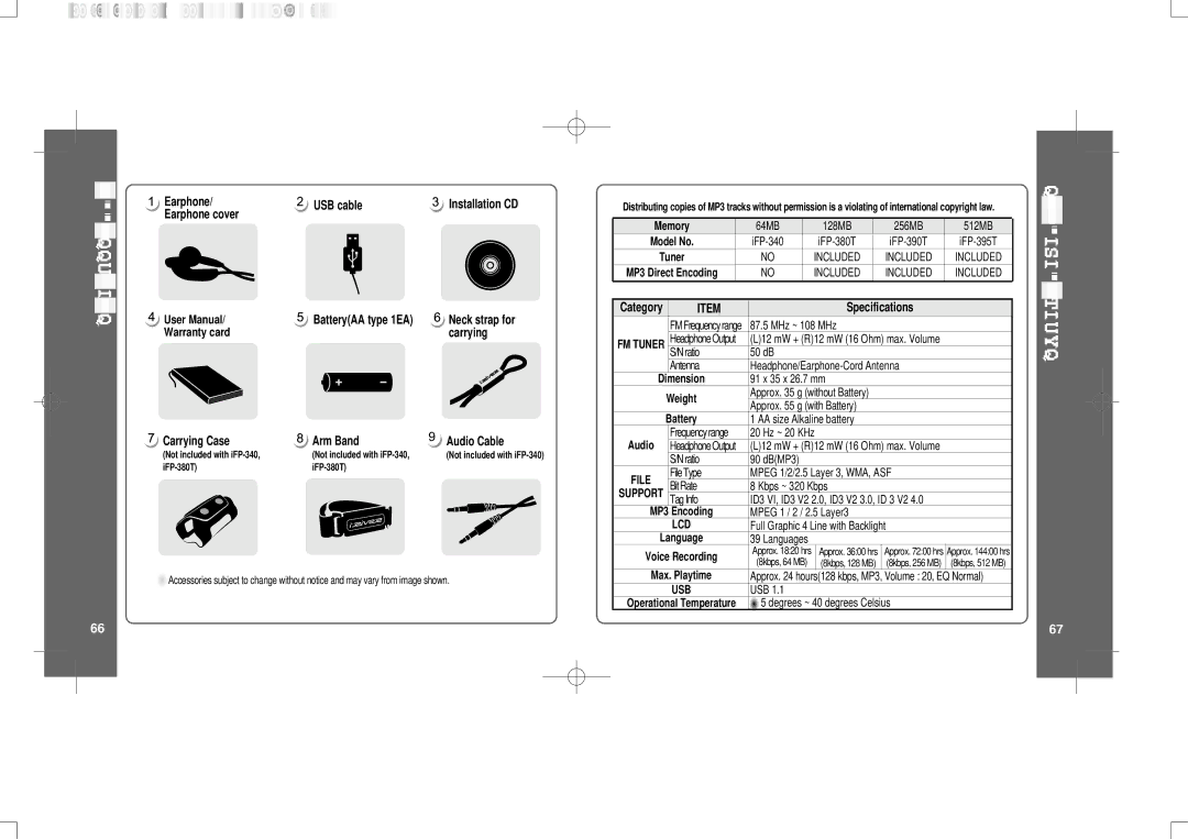 IRiver iFP-300 Series Earphone Earphone cover Warranty card Carrying Case, USB cable, Arm Band, Installation CD, Memory 