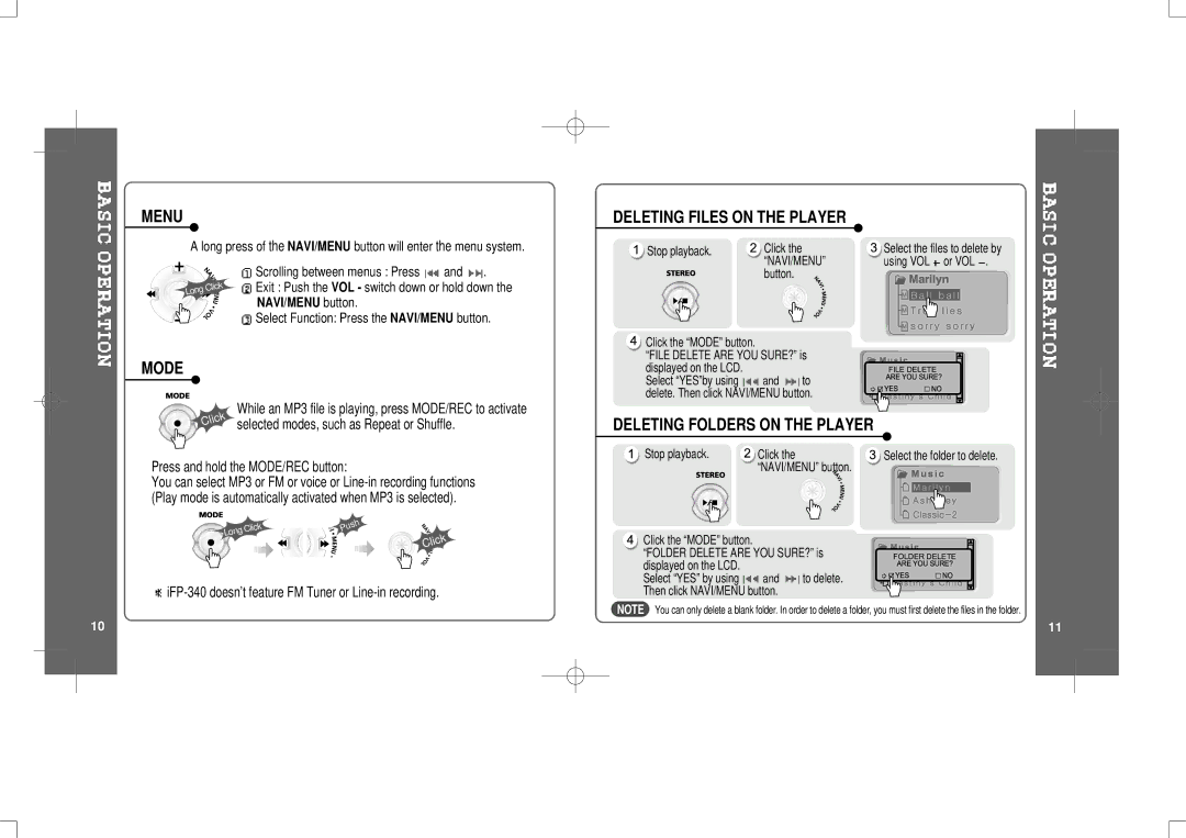 IRiver iFP-300 Series instruction manual Deleting Files on the Player, Mode, Deleting Folders on the Player, Navi/Menu 