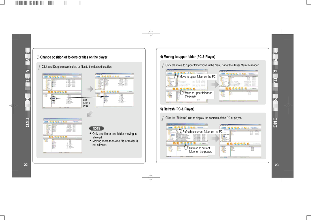 IRiver IFP-300 Change position of folders or files on the player, Moving to upper folder PC & Player, Refresh PC & Player 