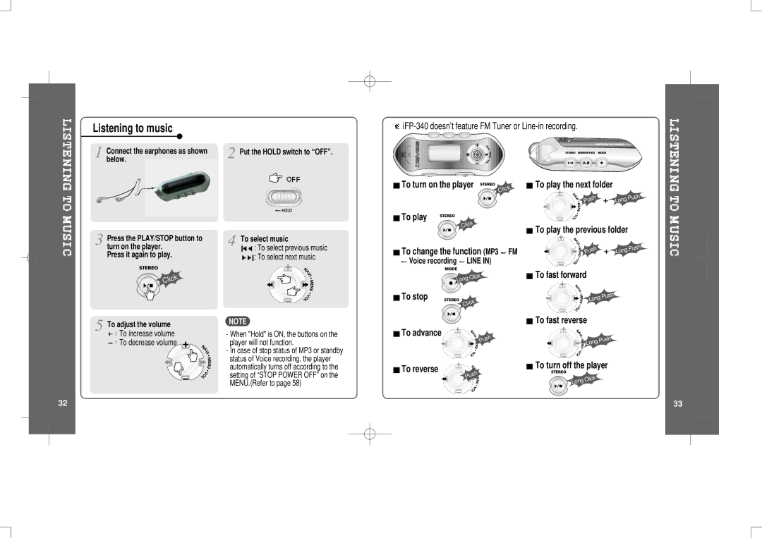 IRiver IFP-300 instruction manual To play the next folder, To play the previous folder, To fast forward, To fast reverse 