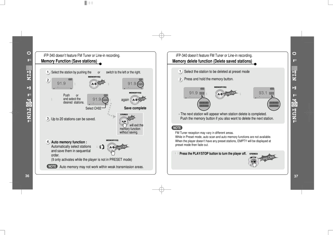 IRiver IFP-300 Memory Function Save stations, Memory delete function Delete saved stations, Auto memory function 