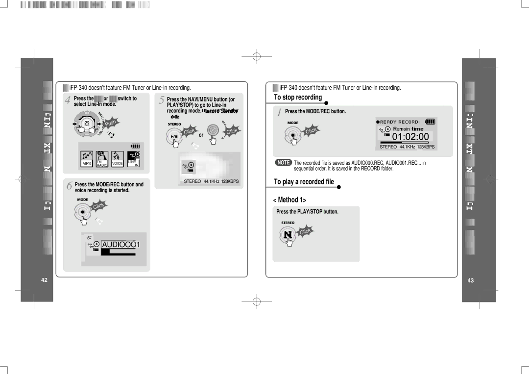 IRiver IFP-300 instruction manual To play a recorded file Method, Press, Stereo 44.1KHz 128KBPS 