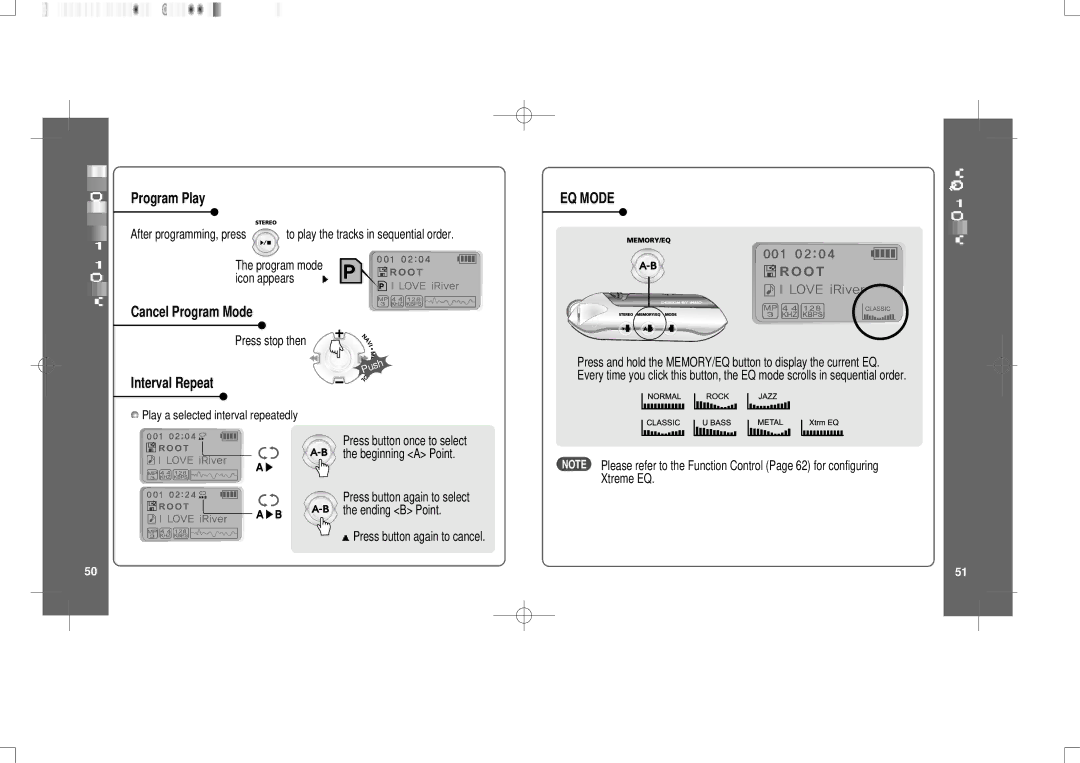 IRiver IFP-300 Program Play, Cancel Program Mode, Interval Repeat, Press stop then, Play a selected interval repeatedly 