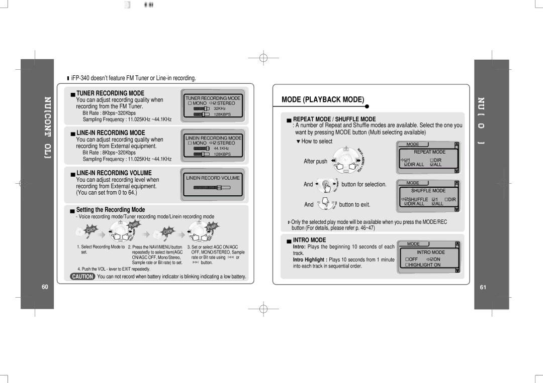 IRiver IFP-300 Mode Playback Mode, How to select, Button to exit, Intro Plays the beginning 10 seconds of each track 