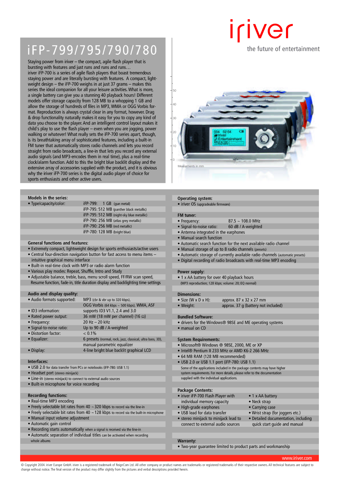 IRiver iFP-799 Models in the series, General functions and features, Interfaces, Recording functions, Operating system 