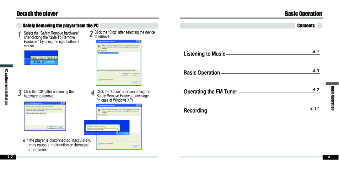 IRiver IFP-800 instruction manual Detach the player, Basic Operation, Safely Removing the player from the PC 