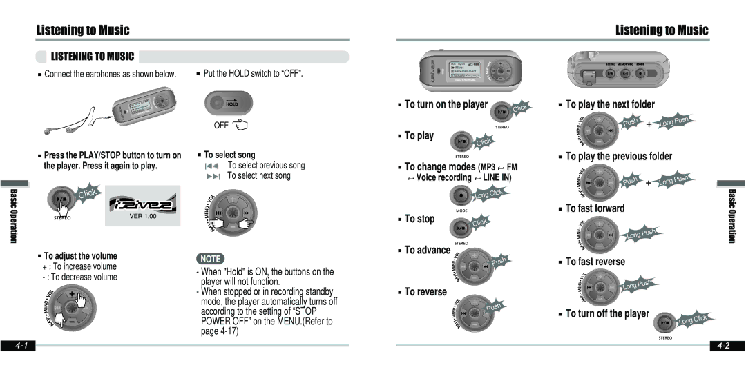 IRiver IFP-800 instruction manual Listening to Music, To select song, Player. Press it again to play, To adjust the volume 